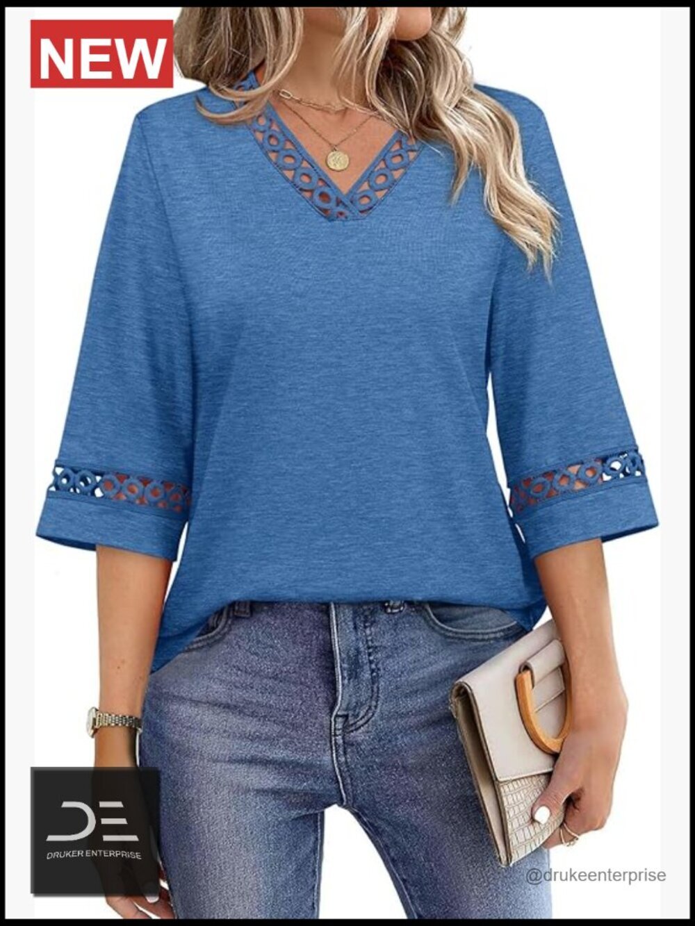 Women's Eyelet Lace V Neck 3/4 Bell Sleeve Blouse Dressy Casual Work Top